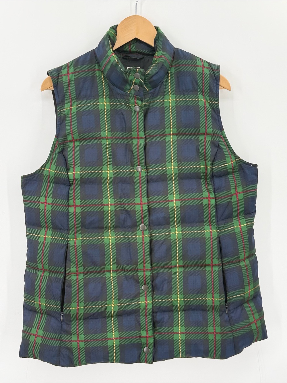 J Jill Down Tartan Plaid Puffer Vest L Green Navy Classic Holiday Winter Quilted